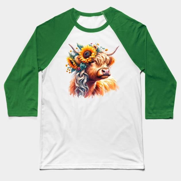 Highland Cow with Sunflower Crown Baseball T-Shirt by Ebony T-shirts